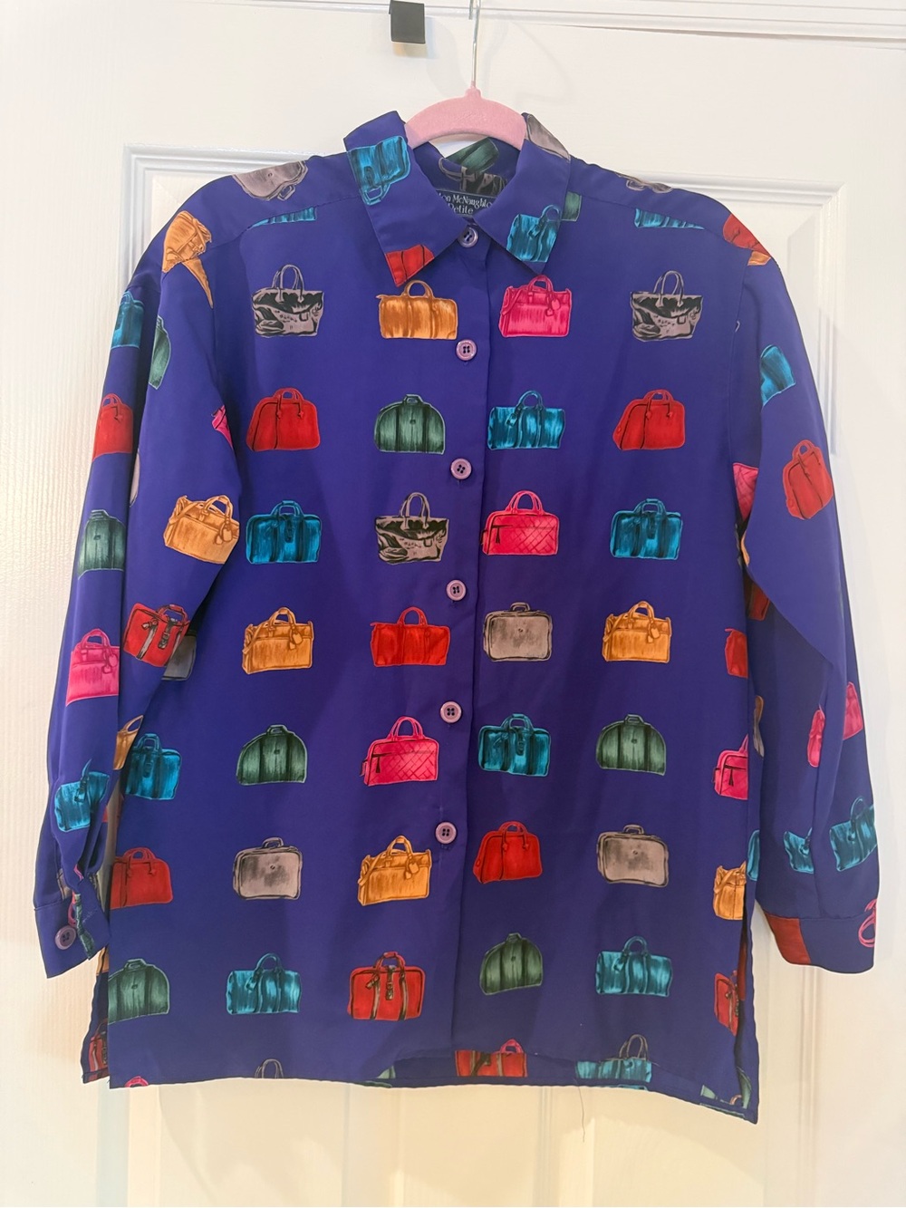 VTG Norton McNaughton Purple Button-Up Shirt with Colorful Bag Print